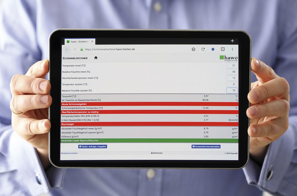 Ergebnis nach Eingabe von Messwerten im hawo Schimmelrechner