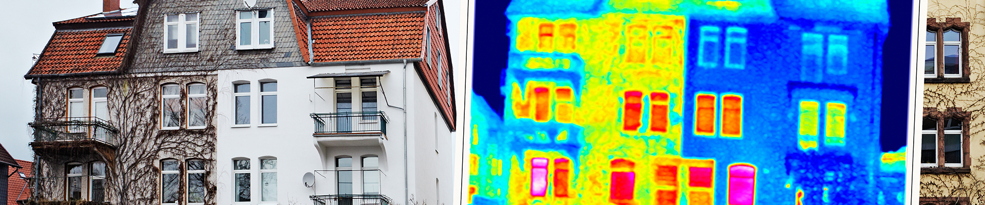 Mehrfamilienhaus teilweise saniert und unsaniert und Thermographieaufnahme des unsanierten Gebäudes