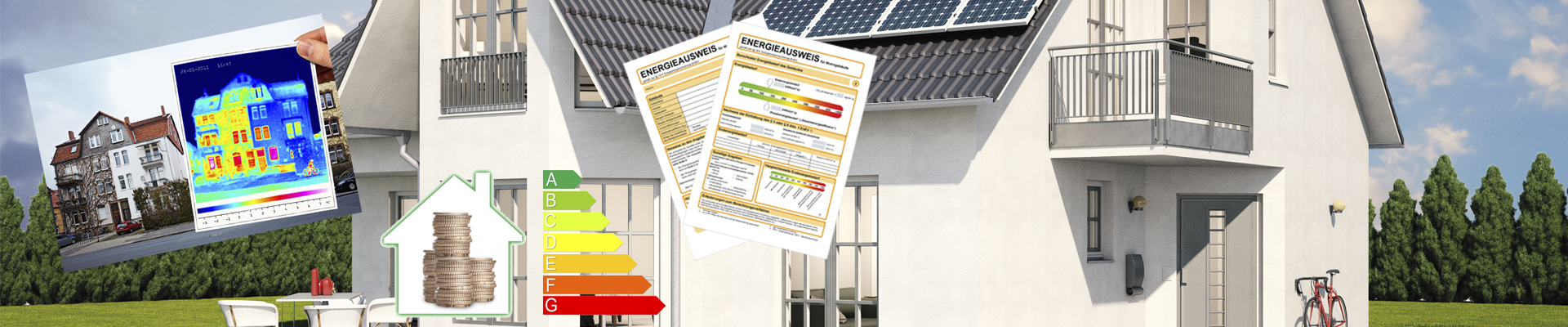 Einfamilienhaus mit Wärmebildaufnahme, Energieausweis und Logo Geld durch Energiesparen