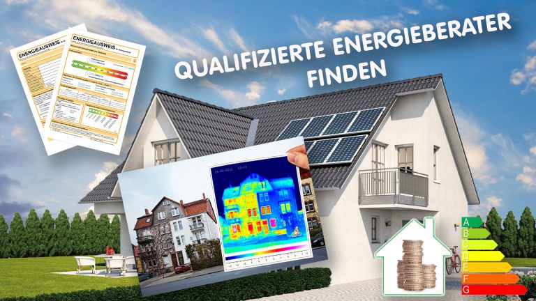Einfamilienhaus mit Wärmebildaufnahme, Energieausweis und Logo Geld durch Energiesparen