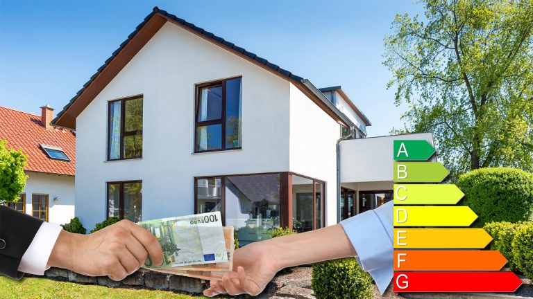 Geld wird übergeben und Energieeffizienz-Logo, mit saniertem Einfamilienhaus im Hintergrund
