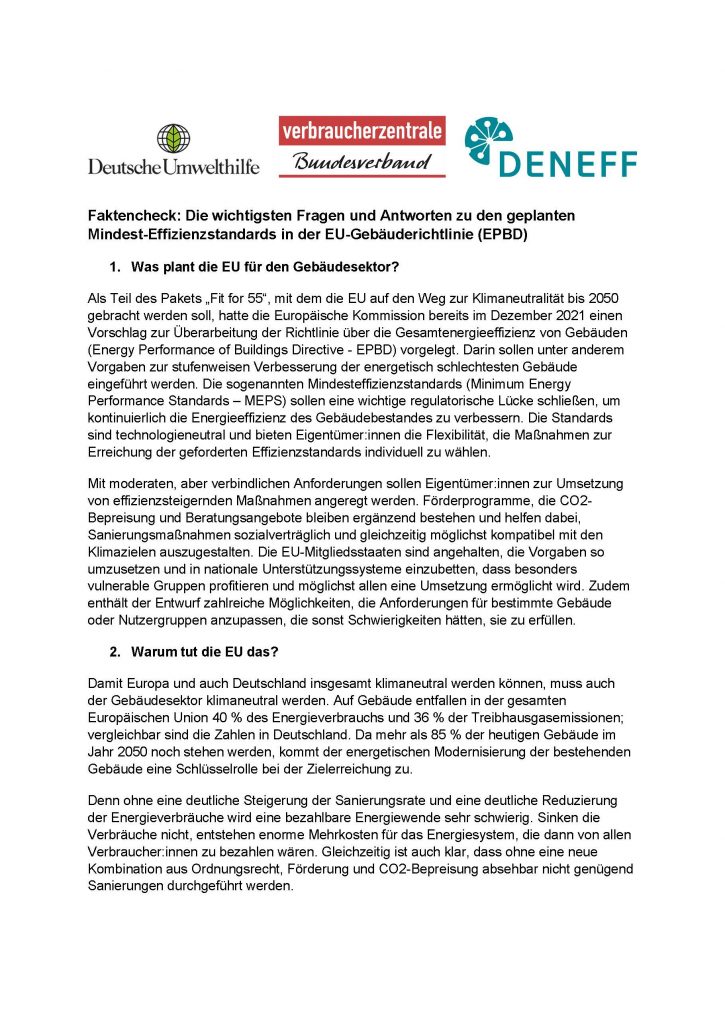 1 Seite von Faktencheck: Die wichtigsten Fragen und Antworten zu den geplanten Mindest-Effizienzstandard in der EU-Gebäuderichtlinie