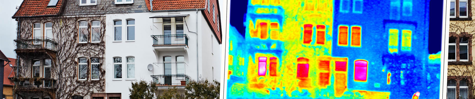 Mehrfamilienhaus teilweise saniert und unsaniert und Thermographieaufnahme des unsanierten Gebäudes