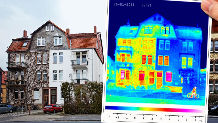 Mehrfamilienhaus teilweise saniert und unsaniert und Thermographieaufnahme des unsanierten Gebäudes