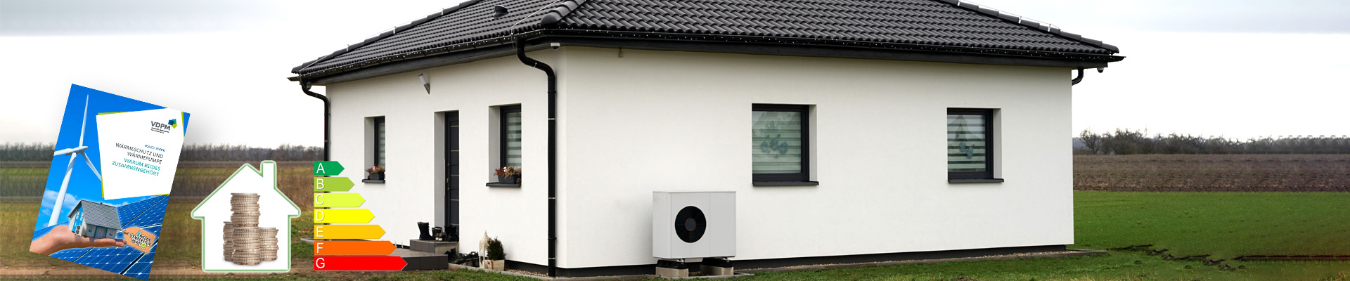 Freistehendes Einfamilienhaus mit Studie des Instituts für Energie und Umweltforschung (ifeu, Heidelberg) und des Forschungsinstituts für Wärmeschutz (FIW, München) und Logo Energiesparen im Vordergrund