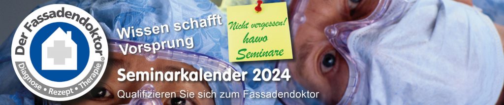 Banner Seminarkalender 2024 mit 2 Ärzten, Fassadendoktor-Logo und Sticker Nicht vergessen