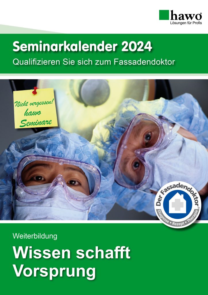 Titelbild Broschüre Fassadendoktor Seminarkalender 2024 mit 2 Ärzten und Fassadendoktor-Logo