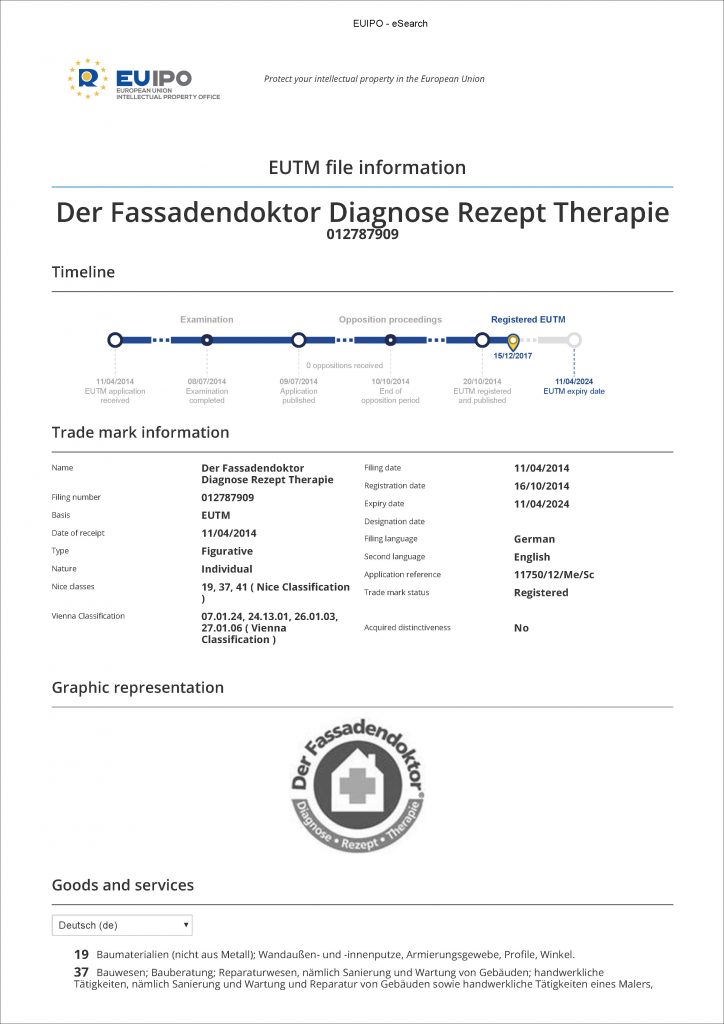 Zertifikat Anmeldung der Fassadendoktor beim EUIPO
