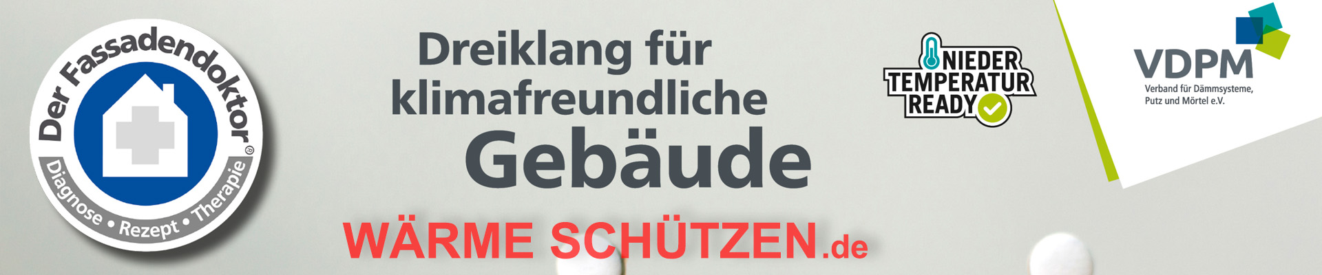 Logos Fassadendoktor, VDPM und Nieder Temperatur Ready - Text Dreiklang für klimaneutrale Gebäude - Wärmeschützen.de