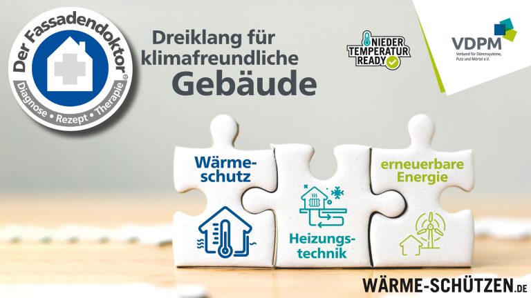 Logos Fassadendoktor, VDPM und Nieder Temperatur Ready - Text Dreiklang für klimaneutrale Gebäude - Wärmeschützen.de