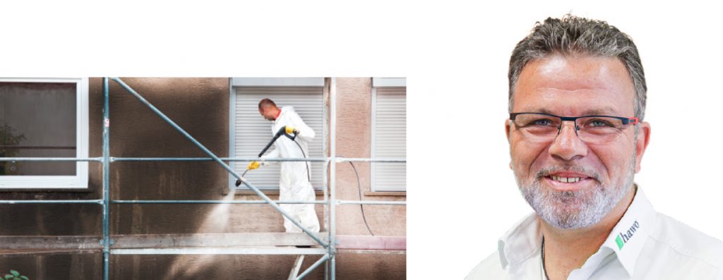 Profilbild von Jürgen Büssow und Person in Schutzanzug beim Abdämpfen einer Fassade